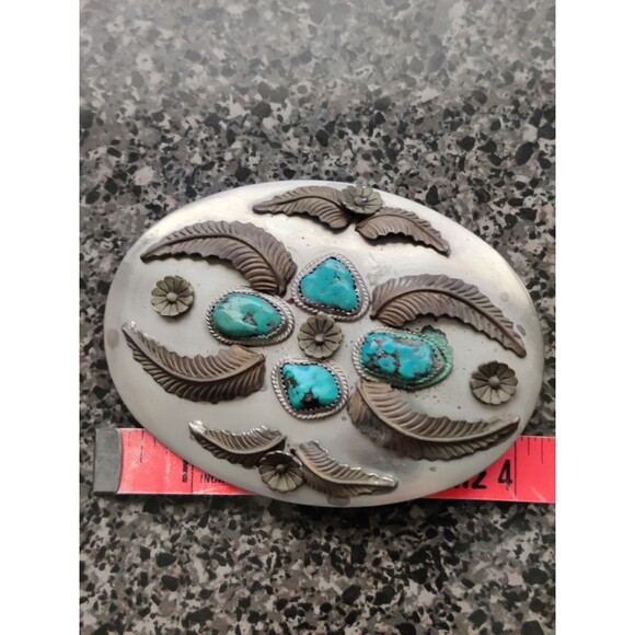 Vtg Native American Turquoise Nuggets Silver ~4x3" Belt Buckle Signed J Quirino - Picture 4 of 5
